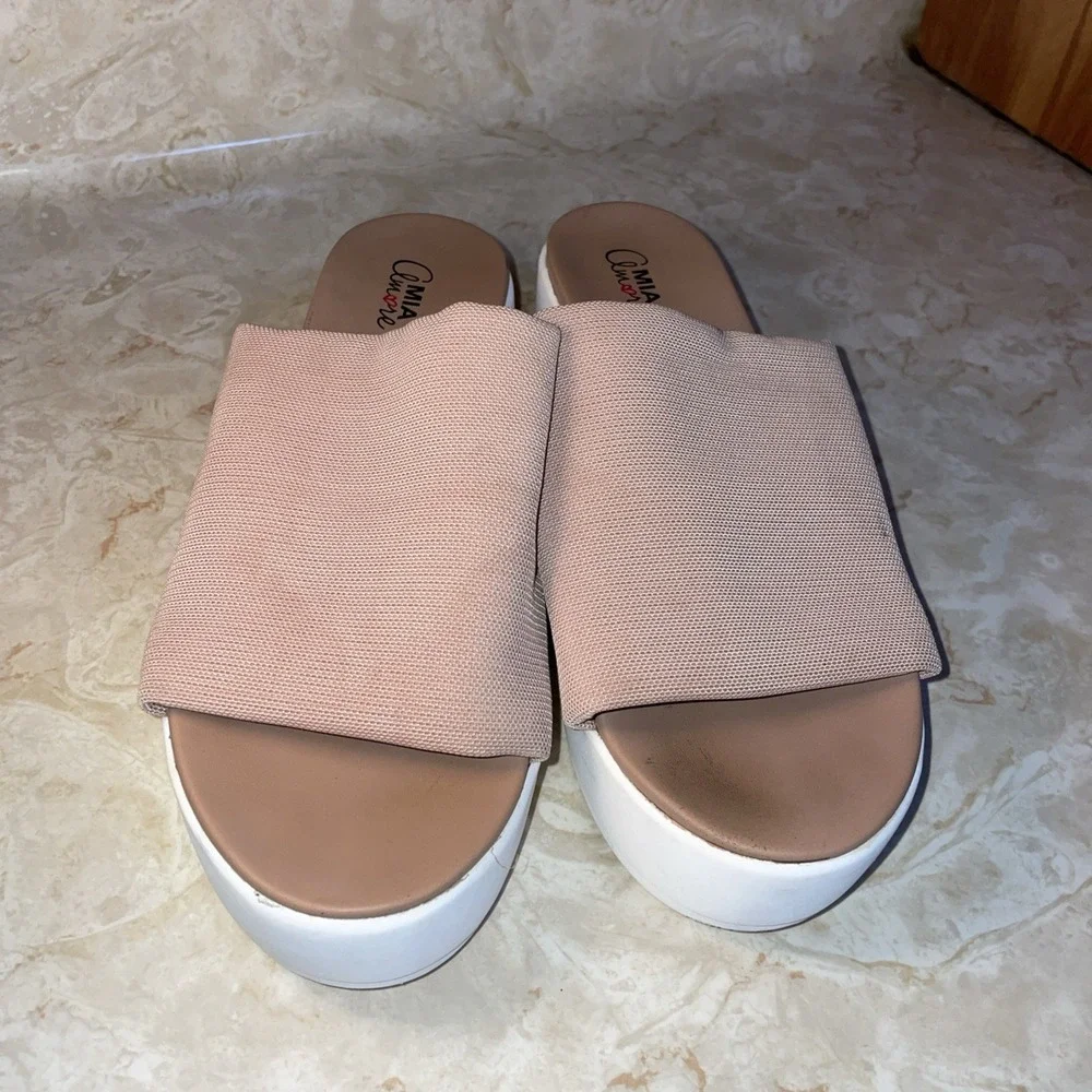 Nude and White platform Slides Elastic Fabric Upper 8M‎ Womens